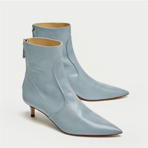Zara Shoes - 🆕Zara Celeste Sky Blue Leather Ankle Boots/Back Zip, Kitten Heel,Pointed Toe 🩵
